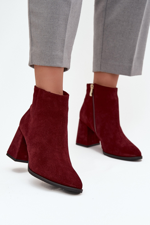 Damskie Botki Zamszowe Obcas Słupek Ocieplane Bordowe Zazoo 3128
