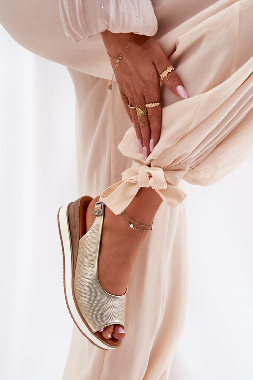 Damskie Sandały Na Koturnie Z Naturalnej Skóry Złote Artiker 56C2312