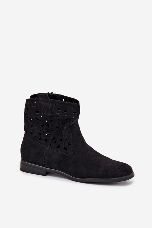 Women's Ankle Boots With Perforated Pattern On Flat Heel Eco Suede Black Athera