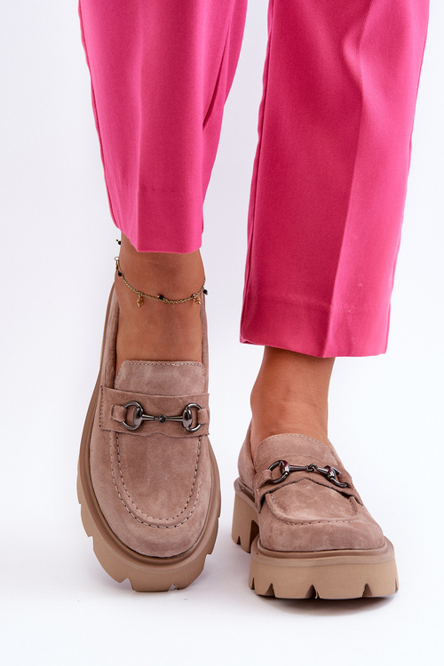 Mokasyny Masywne Zamsz Damskie Beżowe Neloria 7888