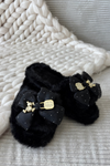 Fur Ladies Slippers With Bow And Golden Decoration Black Nolara