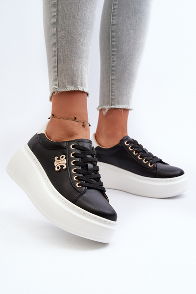 Sneakersy Damskie Skórzane Na Platformie Czarne