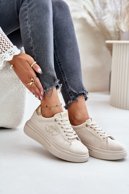 Sneakersy Z Sercami Na Platformie Eko Zamszowe Damskie Beżowe Avirorae