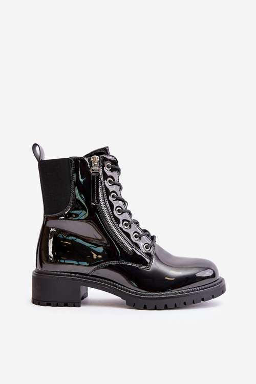 Lacquered Work Boots With Zipper Insulated Black Ravanthia