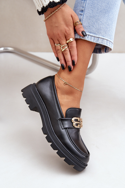 Eko Skórzane Mokasyny Damskie Z Ozdobą Czarne Trionna