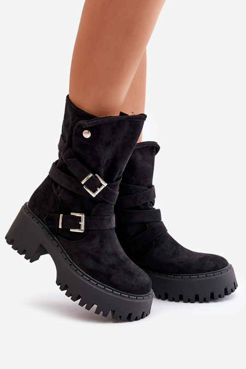 Women's Ankle Boots On Chunky Heel With Buckles And Strap Black Nerelisa
