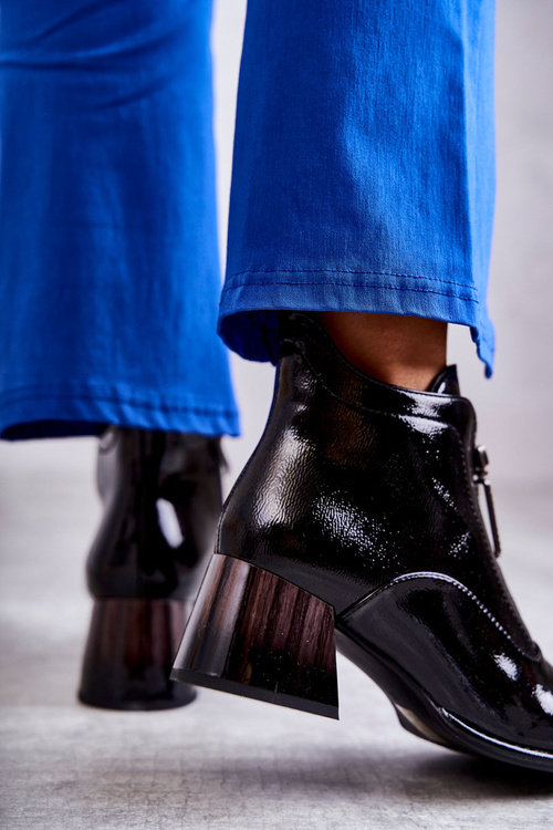 Botki Damskie Lakier Suwak Czarne Cristel