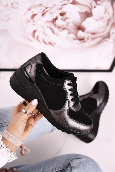 Women’s Leather Wedge Sneakers Black Silver Roxette