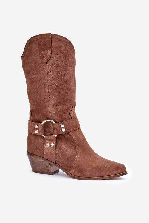 Zazoo 3669 Suede Cowboy Boots Ladies Mid Calf Brown