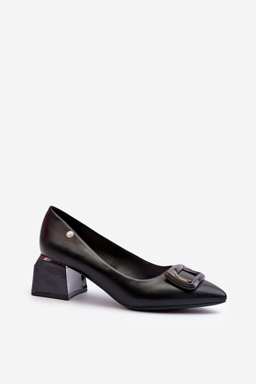 Black Faux Leather Court Shoes with Block Heel and Embellishment Sarala