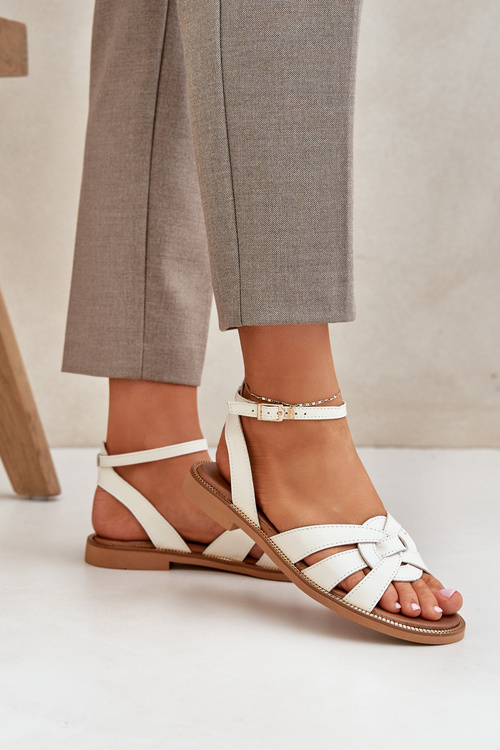 Sandały Skóra Naturalna Płaski Obcas Ecru Zazoo 3688