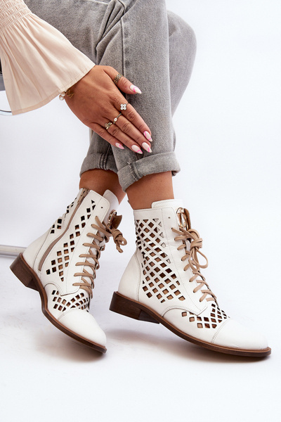 Botki Skórzane Ażurowe Na Suwak Białe Zazoo 2695