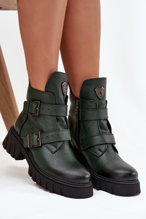 Leather Insulated Women's Boots With Buckles And Decorative Detail Zazoo 60482 Dark Green