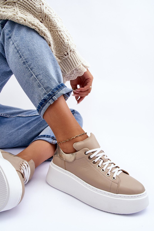 Buty Sportowe Skóra Platforma Beżowe Lemar 10150