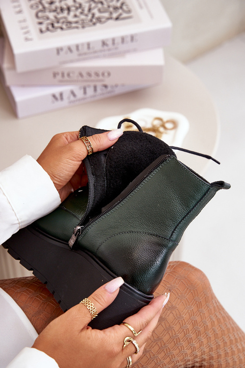 Zazoo 60499 Women's Platform And Wedge Boots Insulated Natural Leather Dark Green