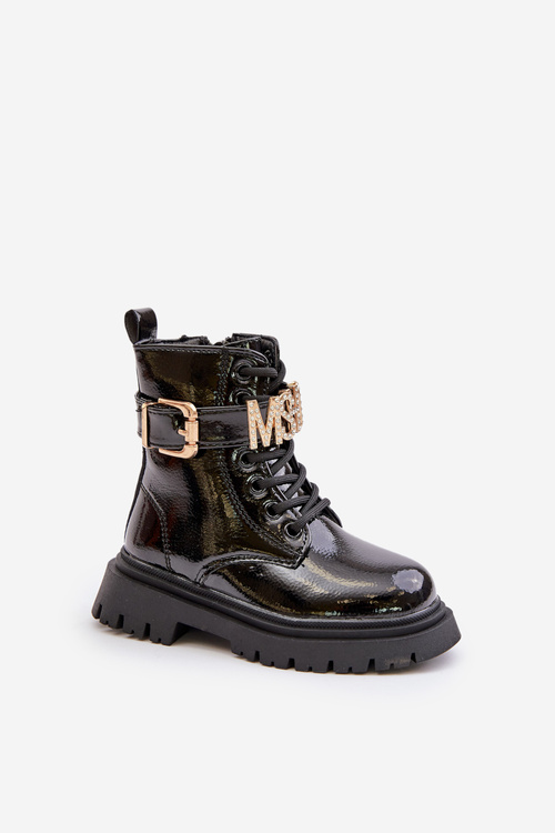 Girls Patent Insulated Boots With Decorative Strap Black Gilian