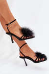 Ladies High Heels Sandals With Feathers Black Xaliope