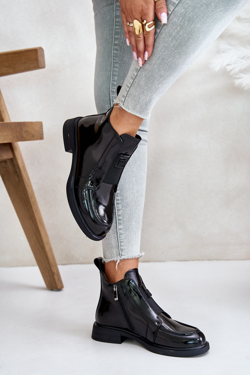 Botki Damskie Lakierowane Skórzane Zamek Czarne D&A JC42-24