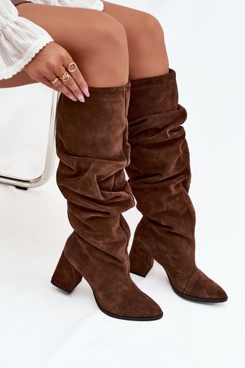 Wrinkled Boots Made From Genuine Suede On Heel Heated Zazoo 4228 Brown
