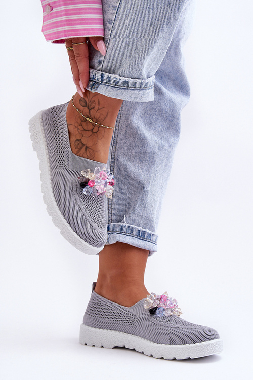 Tenisówki Damskie Wsuwane Z Kamieniami Szare Simple JY303