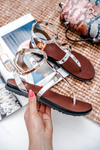 Lu Boo Silver Mirror Roman Flip Flops Sandals Lento
