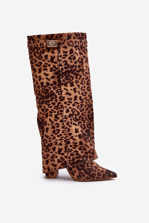 Women's Knee High Heeled Boots Leopard Brown Portora