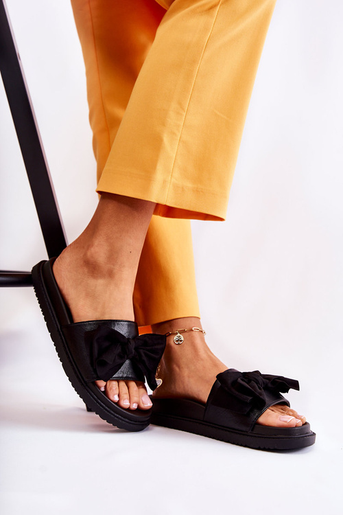Classic Women's Leather Slippers With A Bow Black Dessy