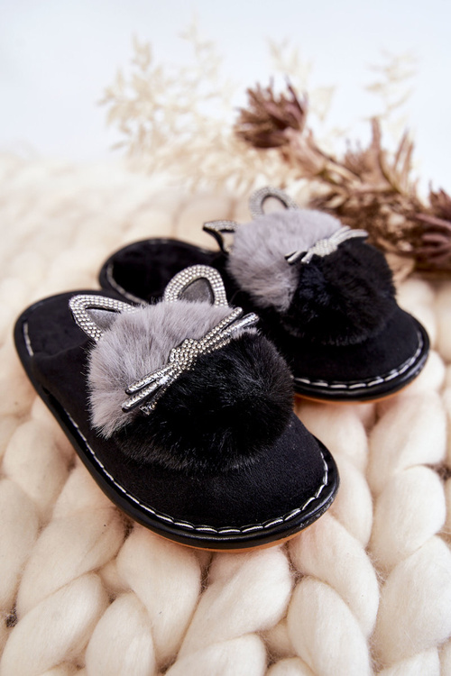 Children's slippers with a kitten and rhinestones Black Carliss