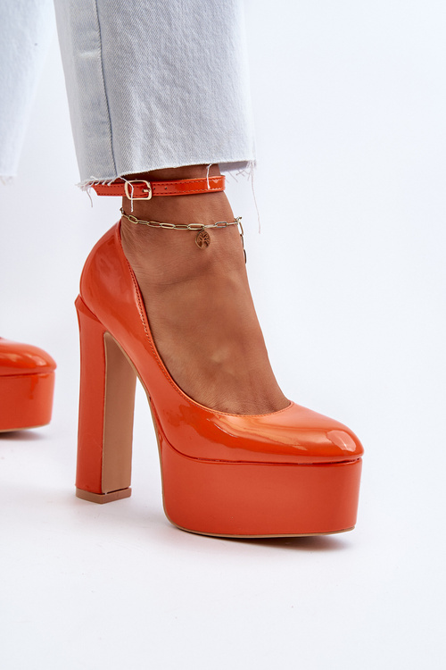 Orange Ninames Patent Leather Pumps on Chunky Platform and Heel