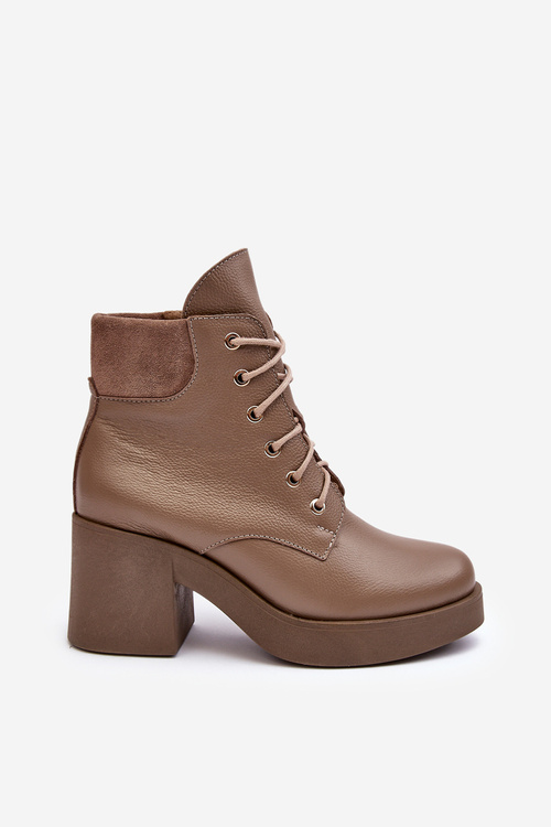 Leather Women's Heeled Ankle Boots Dark Beige Lemar Leocera