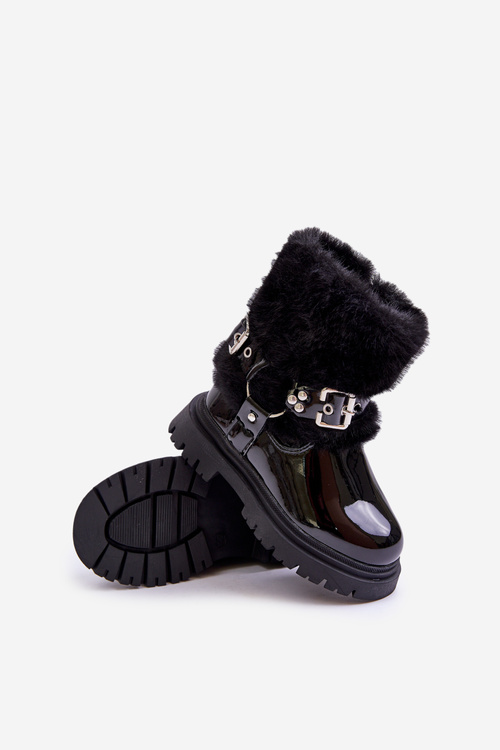 Lacquered Girls Boots With Fur And Buckles Black Cartemes