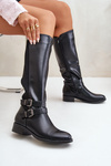 Knee High Women's Boots with Flat Heels and Buckles Black Lotina