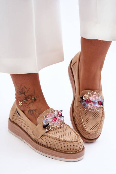 Women's Platform Moccasins with Stones Beige Elonore