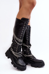 Women's Classic Leather Boots with Chains Black Lannera