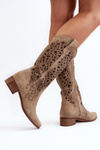 Zazoo 3403 Openwork Low Heel Women's Boots Beige
