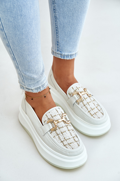 Mokasyny Skóra Naturalna Platforma Złota Ozdoba Jasnobeżowe 89105 Vinceza