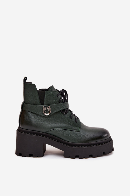 Leather Women's Block Heel Boots with Decorative Strap Insulated Zazoo 60557 Dark Green