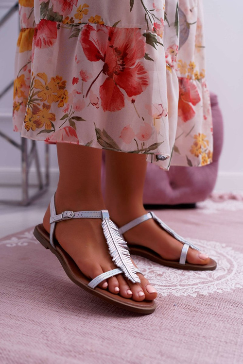 Women's Flat Leather Sandals Silver Nicole 2383