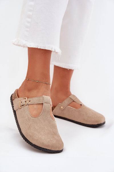 Women's Slides With Gold Buckle Beige Lirina