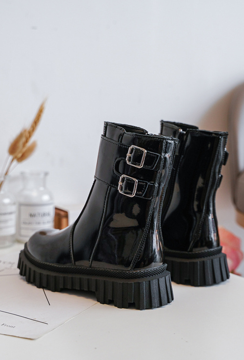 Children's Glossy Boots with Buckles Black Chloraia