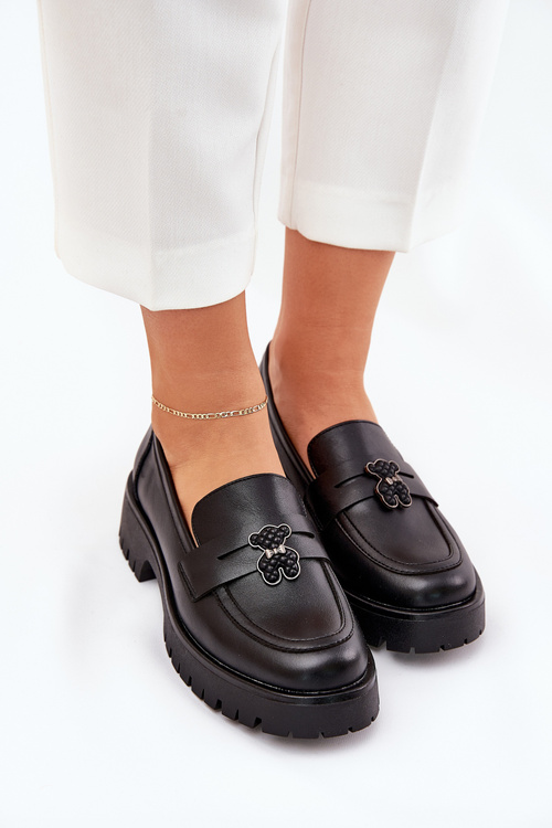 Women's Leather Moccasins With A Teddy Bear Vinceza 18109 Black
