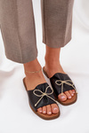 Klapki Ozdobna Kokardka Płaska Podeszwa Czarne Deonelis