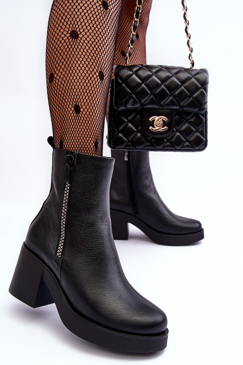 Leather Boots with Massive Heel and Zippers Black Littosa
