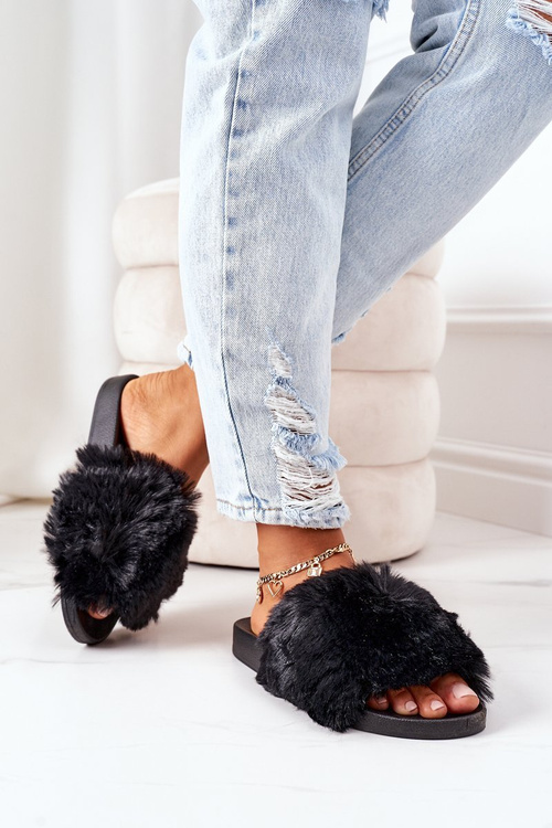 Rubber Slippers With Fur Black Soft