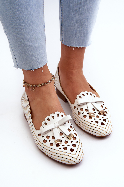 Baleriny Damskie Ażurowe Kokardka Nestavia Białe