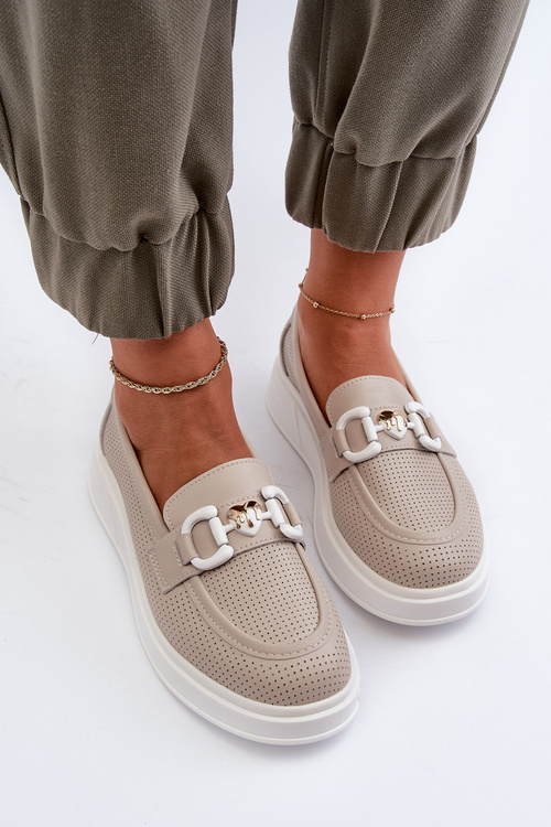 Mokasyny Na Platformie Damskie Skóra S.Barski LR720 Beżowe