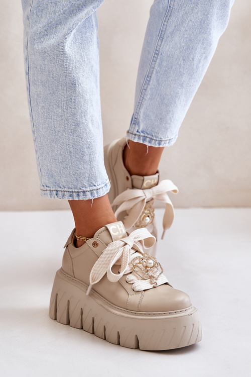 Damskie Sneakersy Masywna Podeszwa Ozdoba Beżowe CheBello 4530