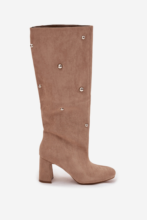 Women's Fur-lined Boots on Block Heel with Decorative Details Beige Lucinda