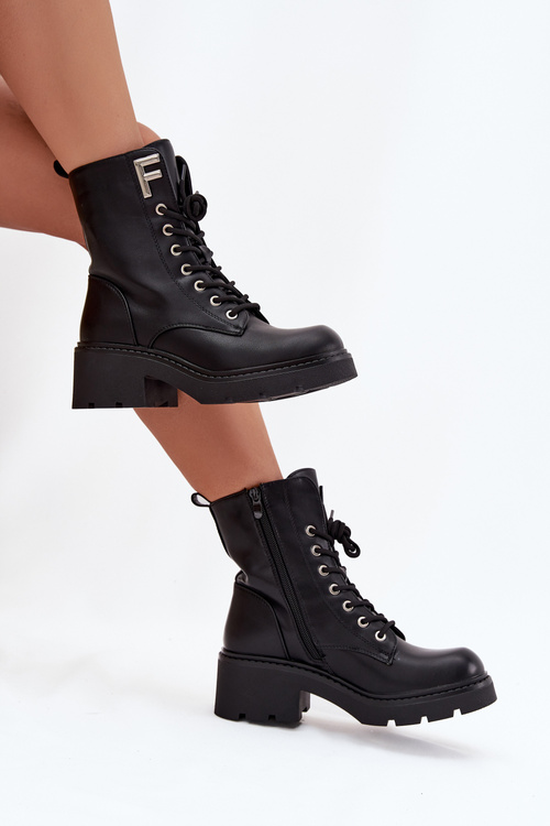 Women's Workery Boots Block Heel Insulated With Letter F Black Lurina