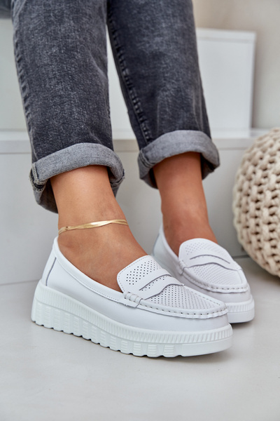 Women's Leather Moccasins On Platform And Wedge White Elanindel